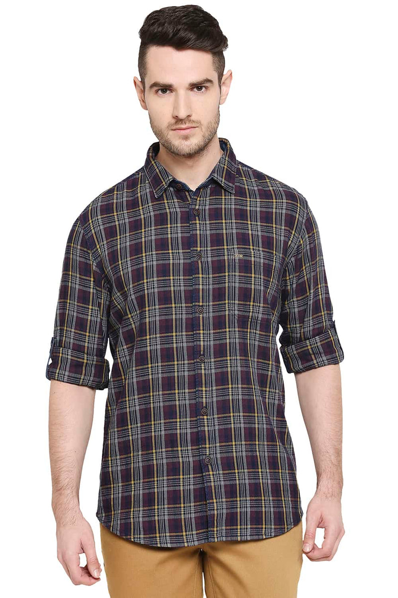 BASICS SLIM FIT INDIGO CHECKS SHIRT