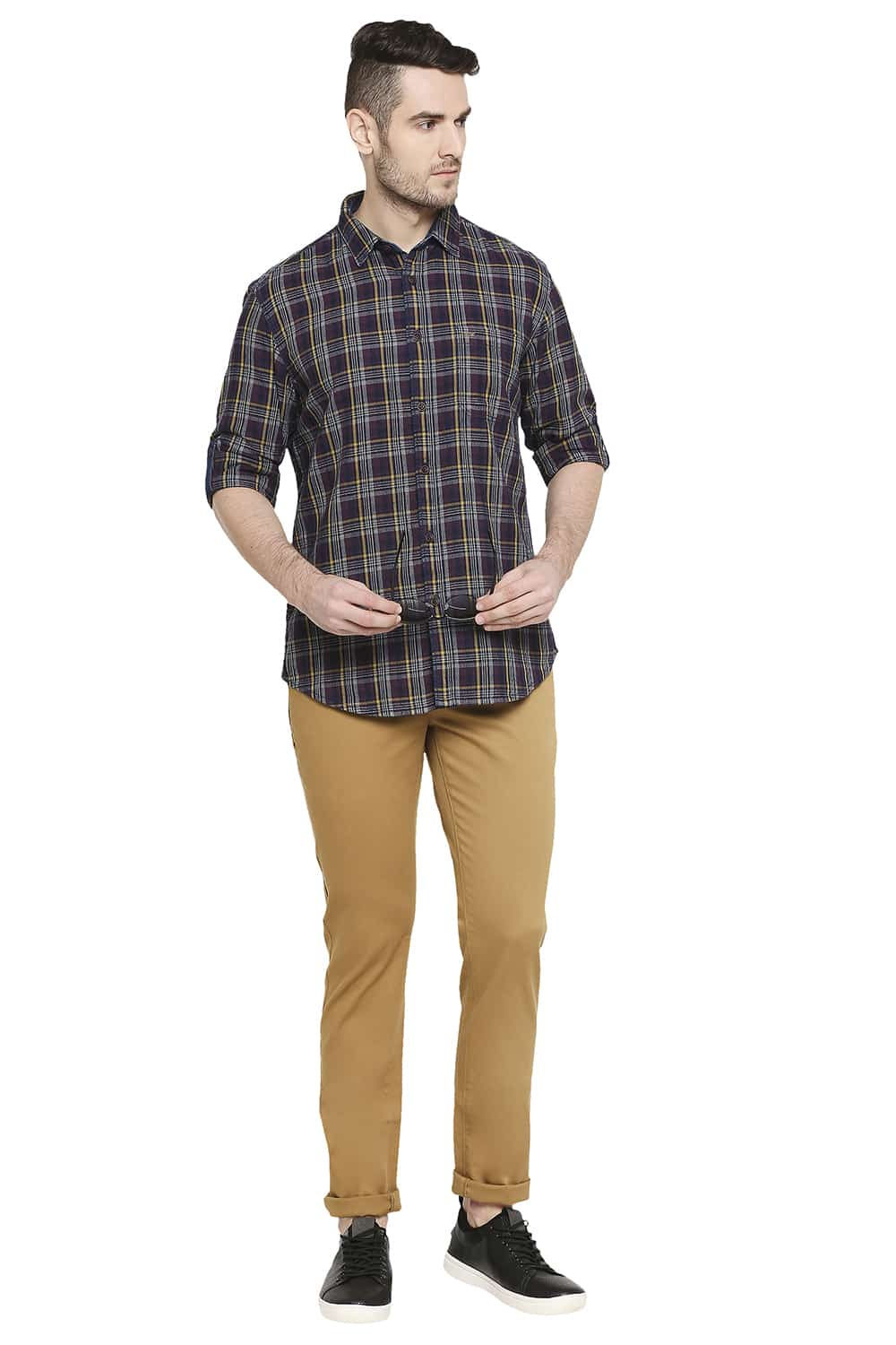 BASICS SLIM FIT INDIGO CHECKS SHIRT