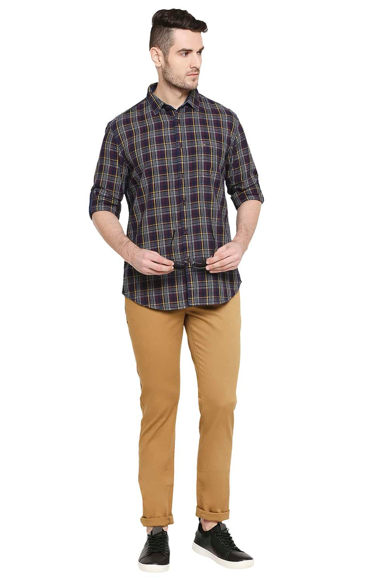 BASICS SLIM FIT INDIGO CHECKS SHIRT