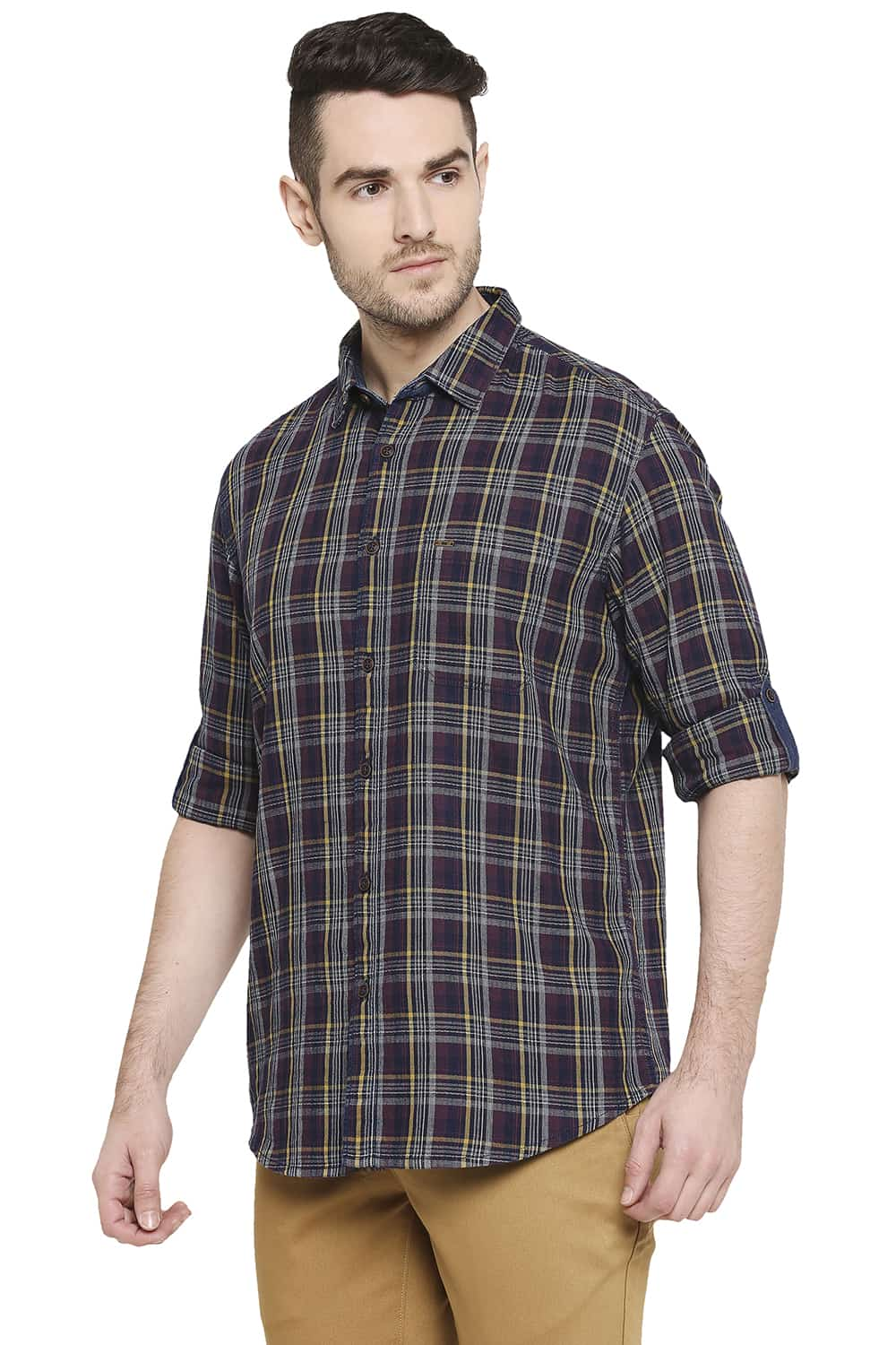 BASICS SLIM FIT INDIGO CHECKS SHIRT