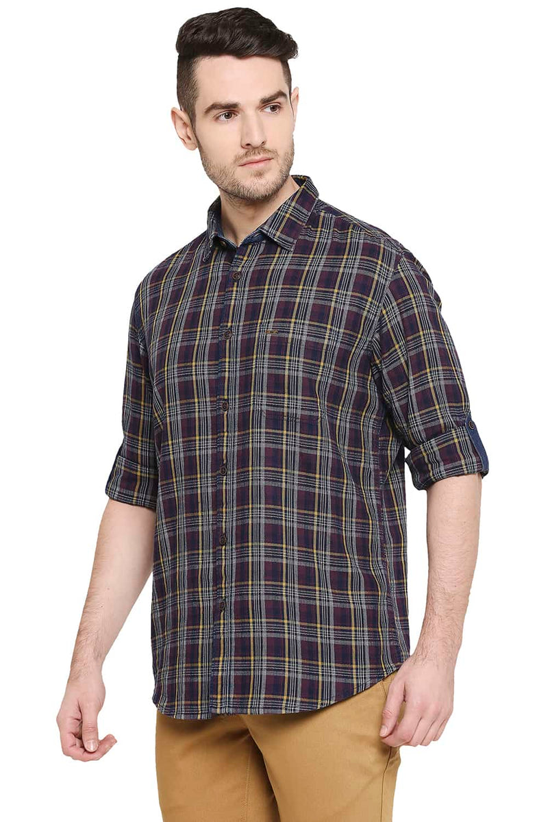 BASICS SLIM FIT INDIGO CHECKS SHIRT