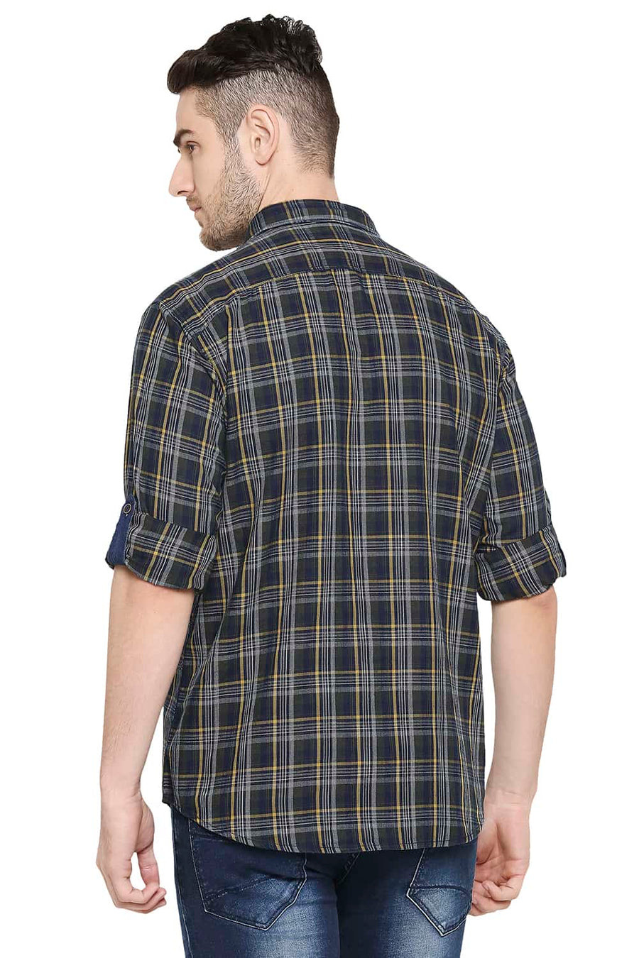 BASICS SLIM FIT DILL GREEN INDIGO CHECKS SHIRT