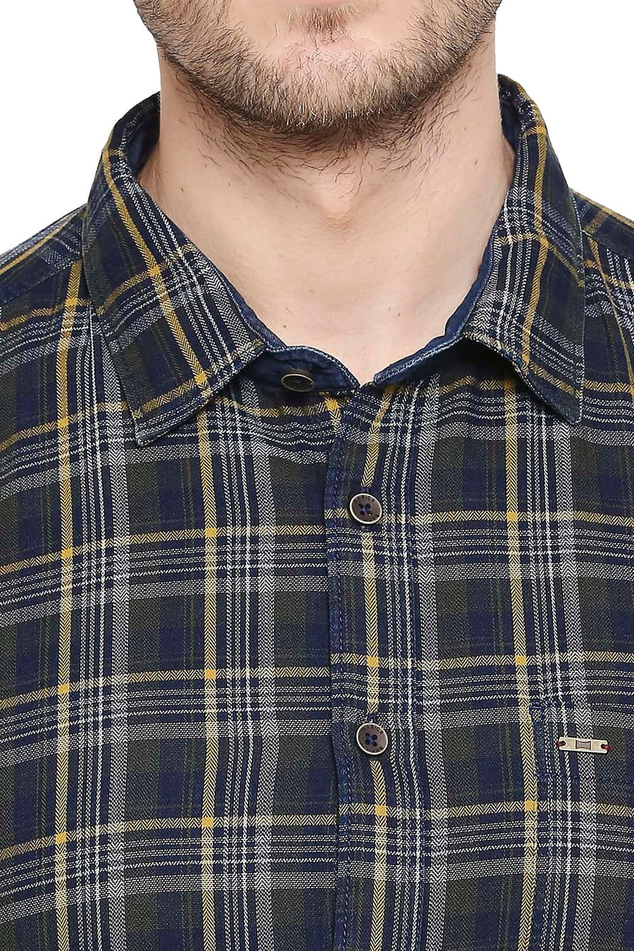 BASICS SLIM FIT DILL GREEN INDIGO CHECKS SHIRT