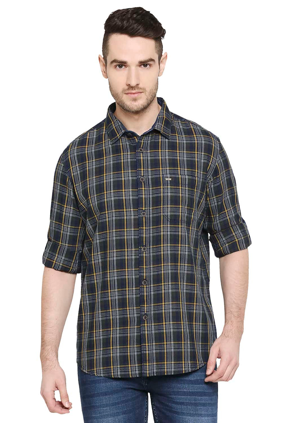 BASICS SLIM FIT DILL GREEN INDIGO CHECKS SHIRT