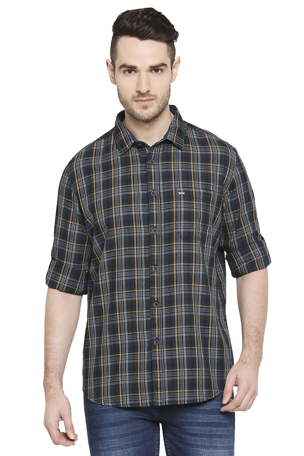 BASICS SLIM FIT INDIGO CHECKS SHIRT