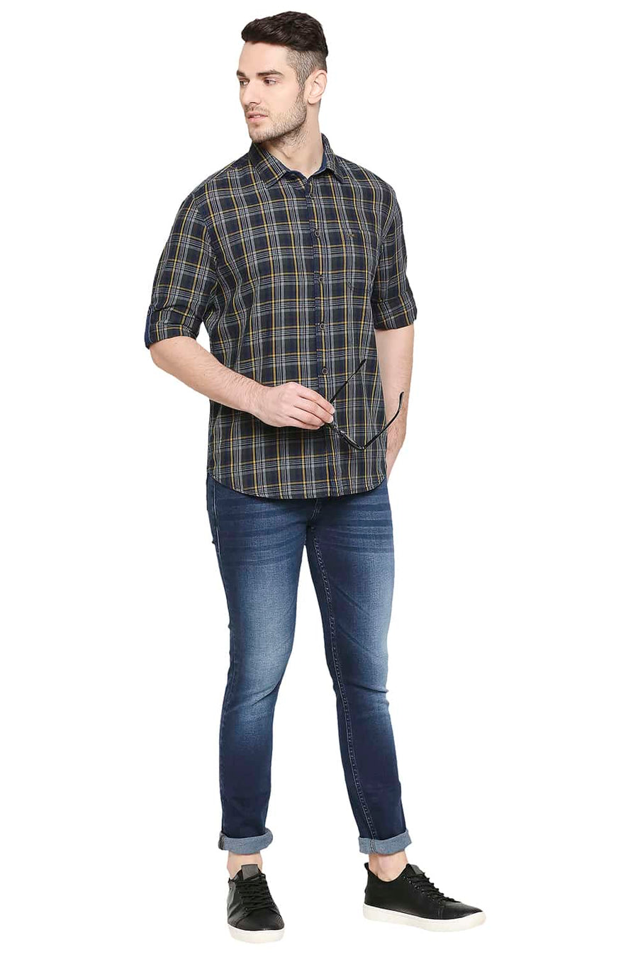 BASICS SLIM FIT DILL GREEN INDIGO CHECKS SHIRT