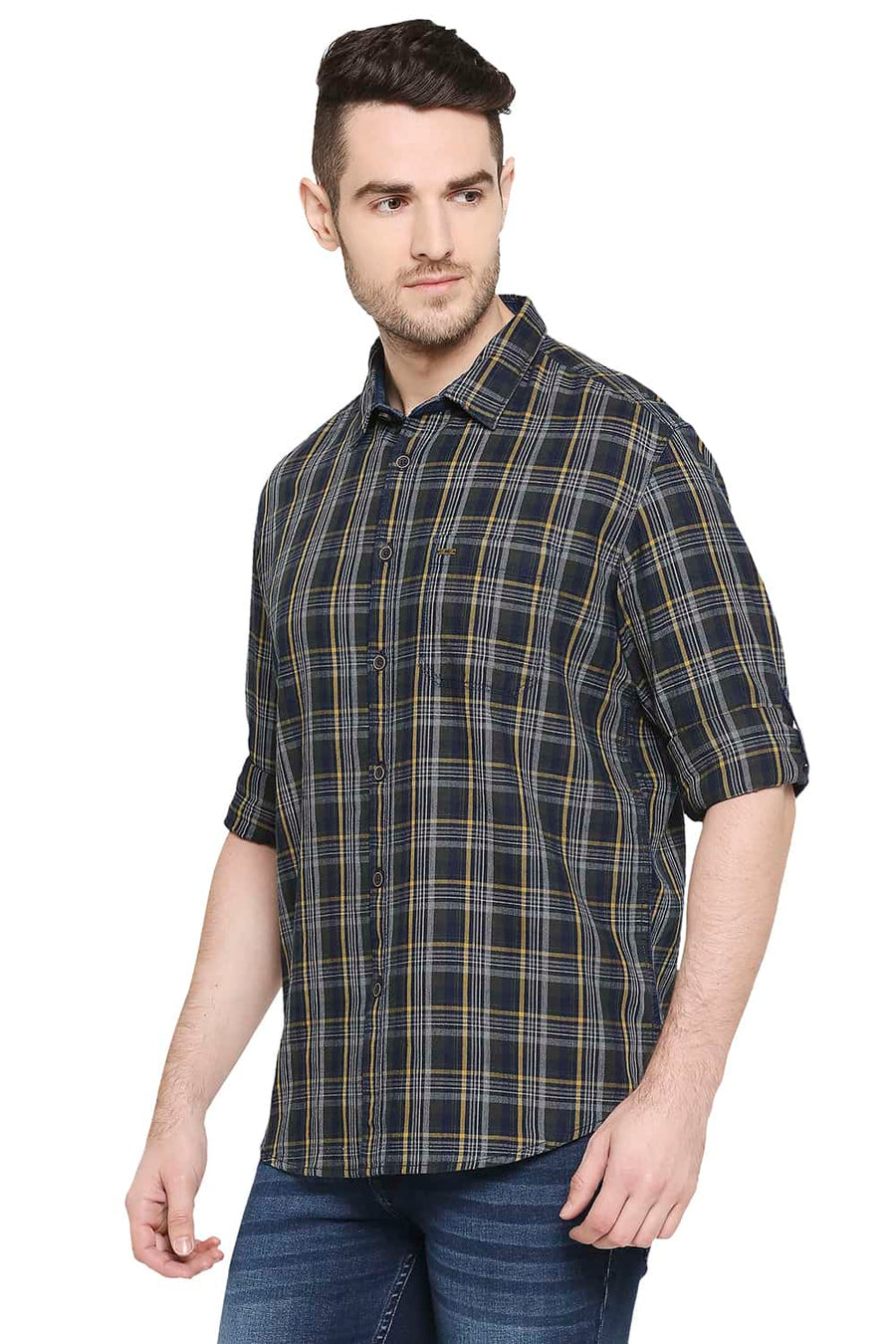 BASICS SLIM FIT DILL GREEN INDIGO CHECKS SHIRT