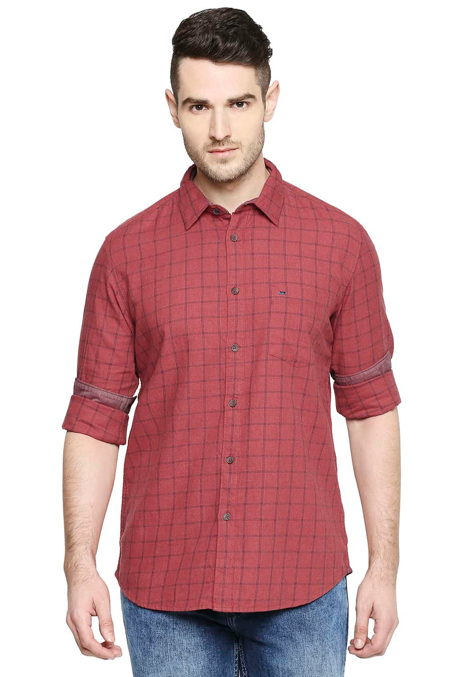 BASICS SLIM FIT MINERAL RED CHECKS SHIRT