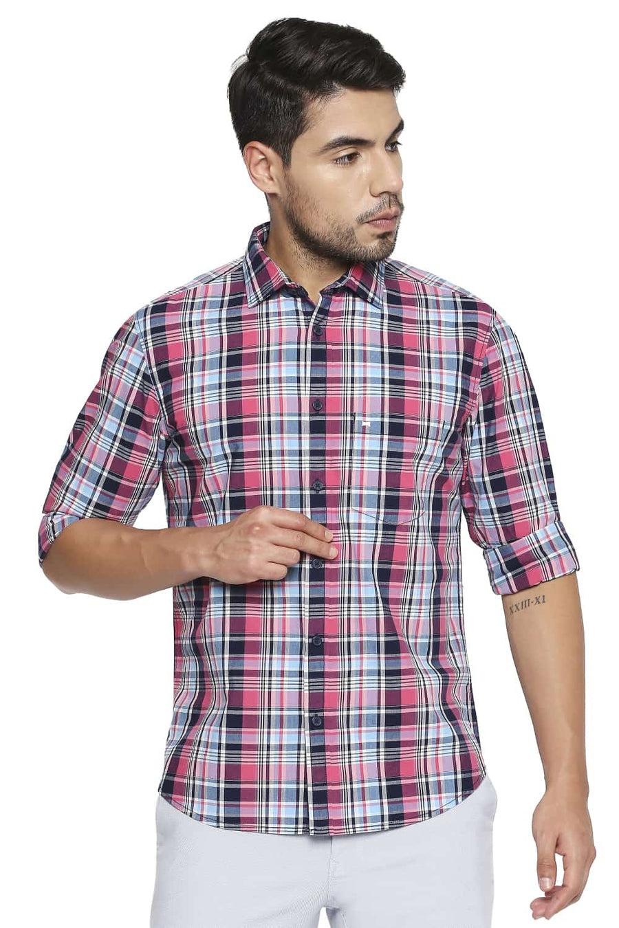 BASICS SLIM FIT PINK FLAMBE CHECKS SHIRT