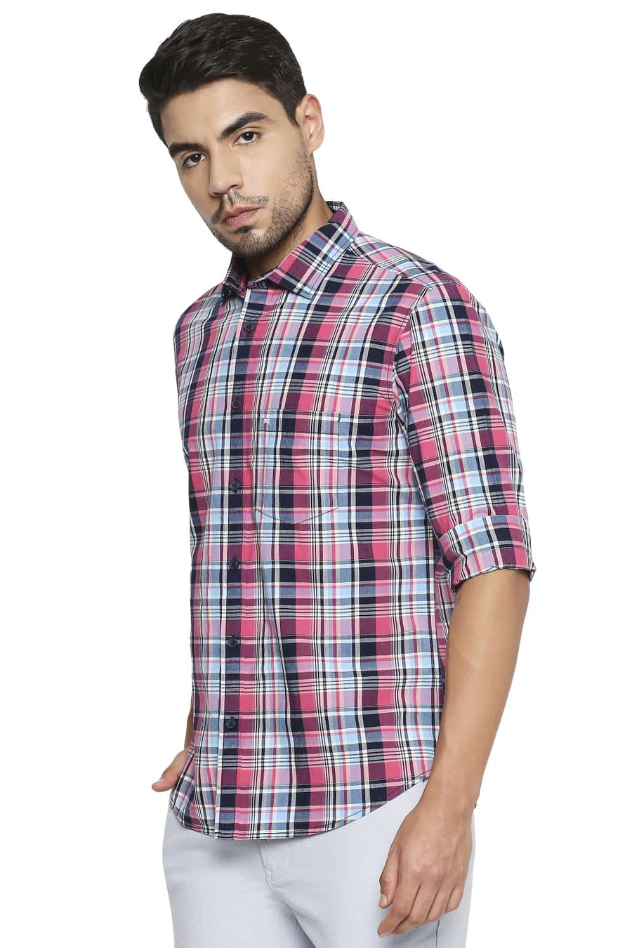 BASICS SLIM FIT PINK FLAMBE CHECKS SHIRT
