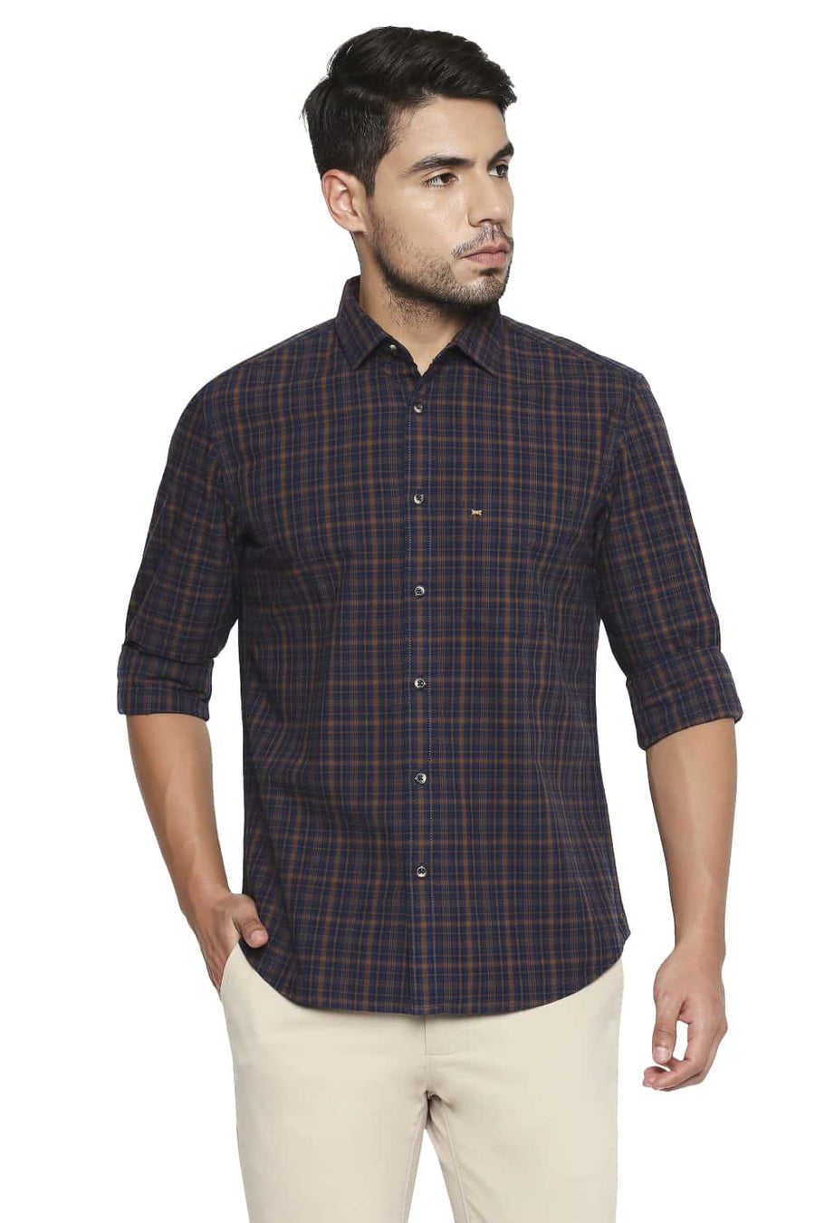BASICS SLIM FIT COCONUT BROWN CHECKS SHIRT