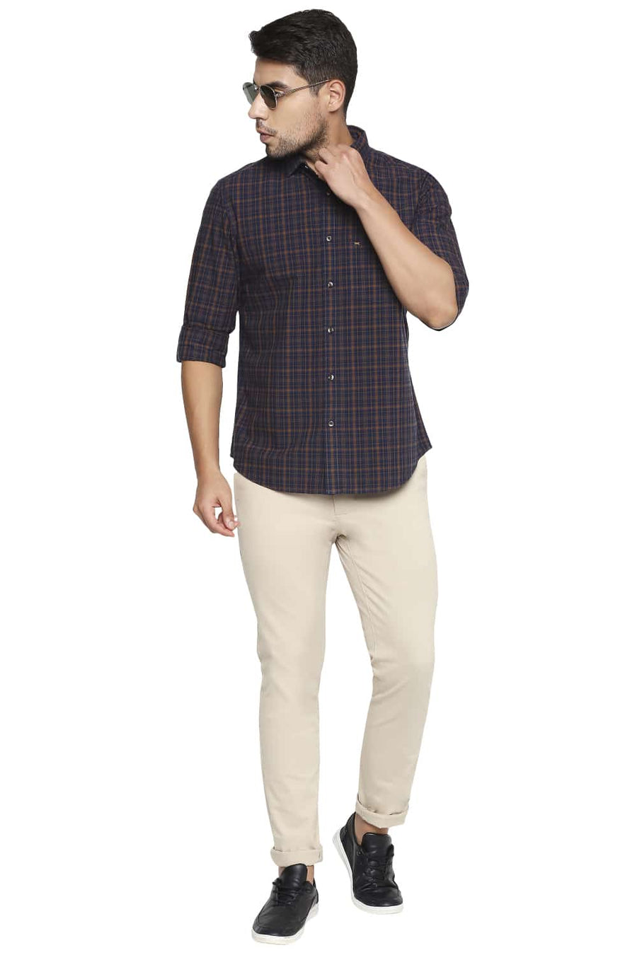 BASICS SLIM FIT COCONUT BROWN CHECKS SHIRT