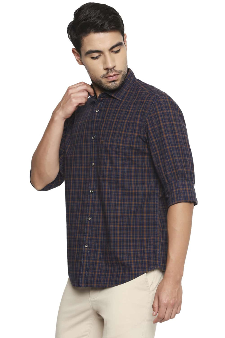 BASICS SLIM FIT COCONUT BROWN CHECKS SHIRT