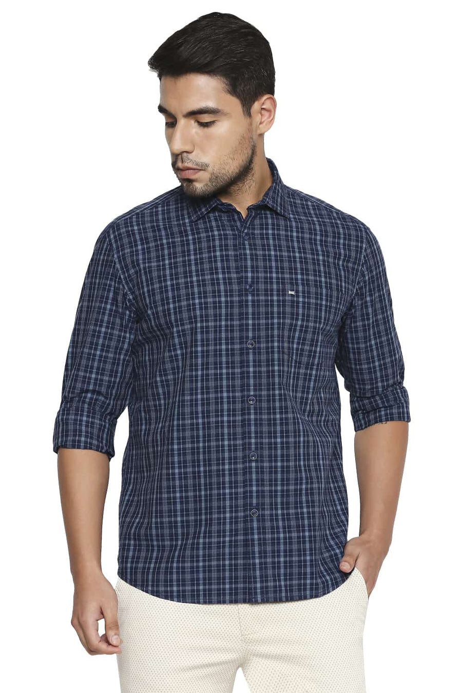 BASICS SLIM FIT NATURAL GREY CHECKS SHIRT