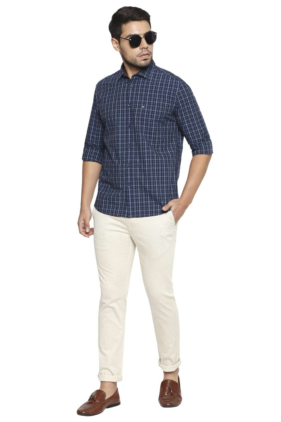 BASICS SLIM FIT NATURAL GREY CHECKS SHIRT