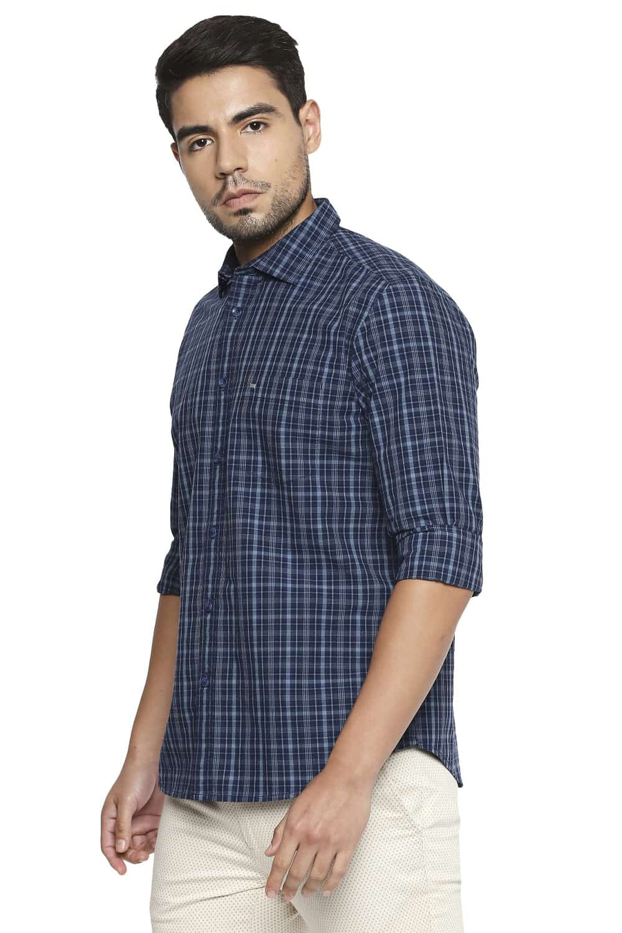 BASICS SLIM FIT NATURAL GREY CHECKS SHIRT