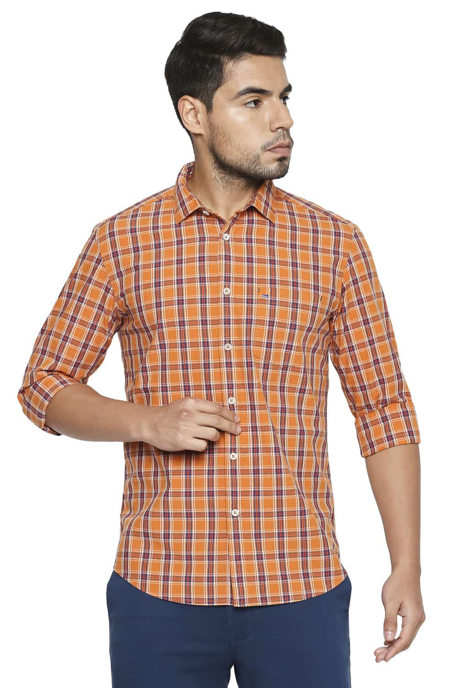 BASICS SLIM FIT SUN ORANGE CHECKS SHIRT