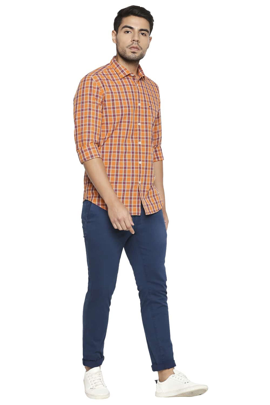 BASICS SLIM FIT SUN ORANGE CHECKS SHIRT