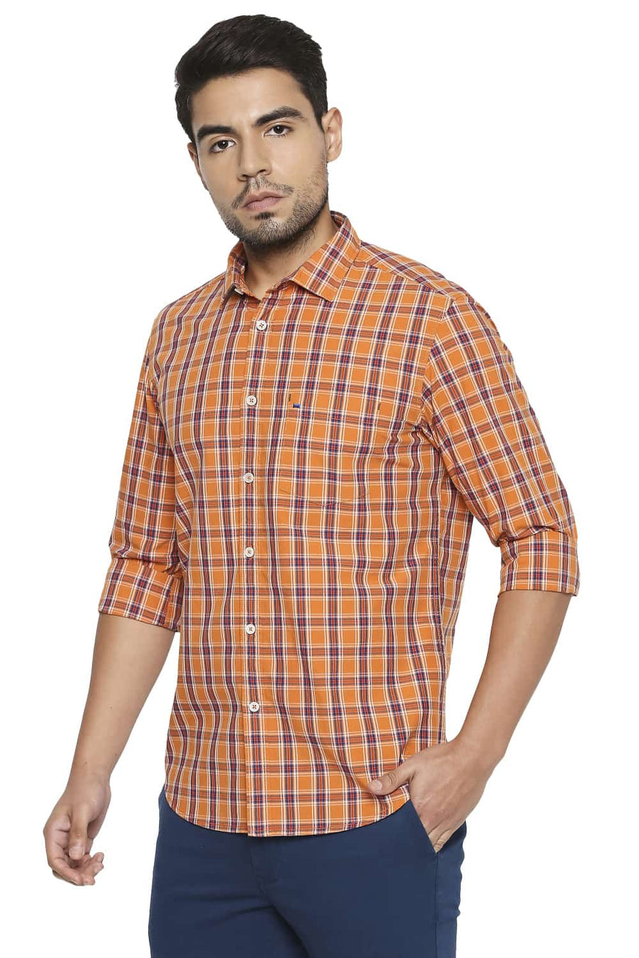 BASICS SLIM FIT SUN ORANGE CHECKS SHIRT