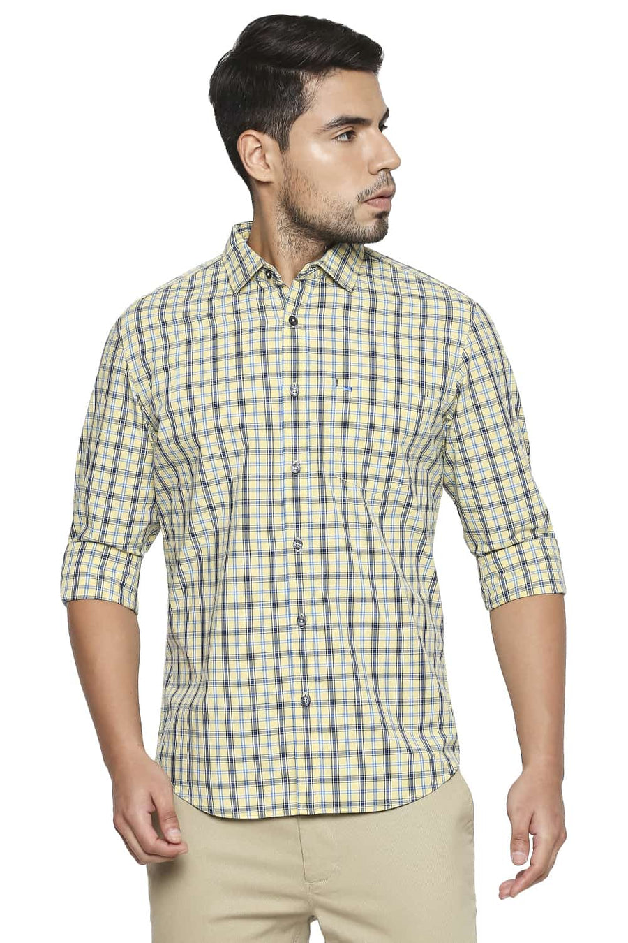 BASICS SLIM FIT MELLOW YELLOW CHECKS SHIRT
