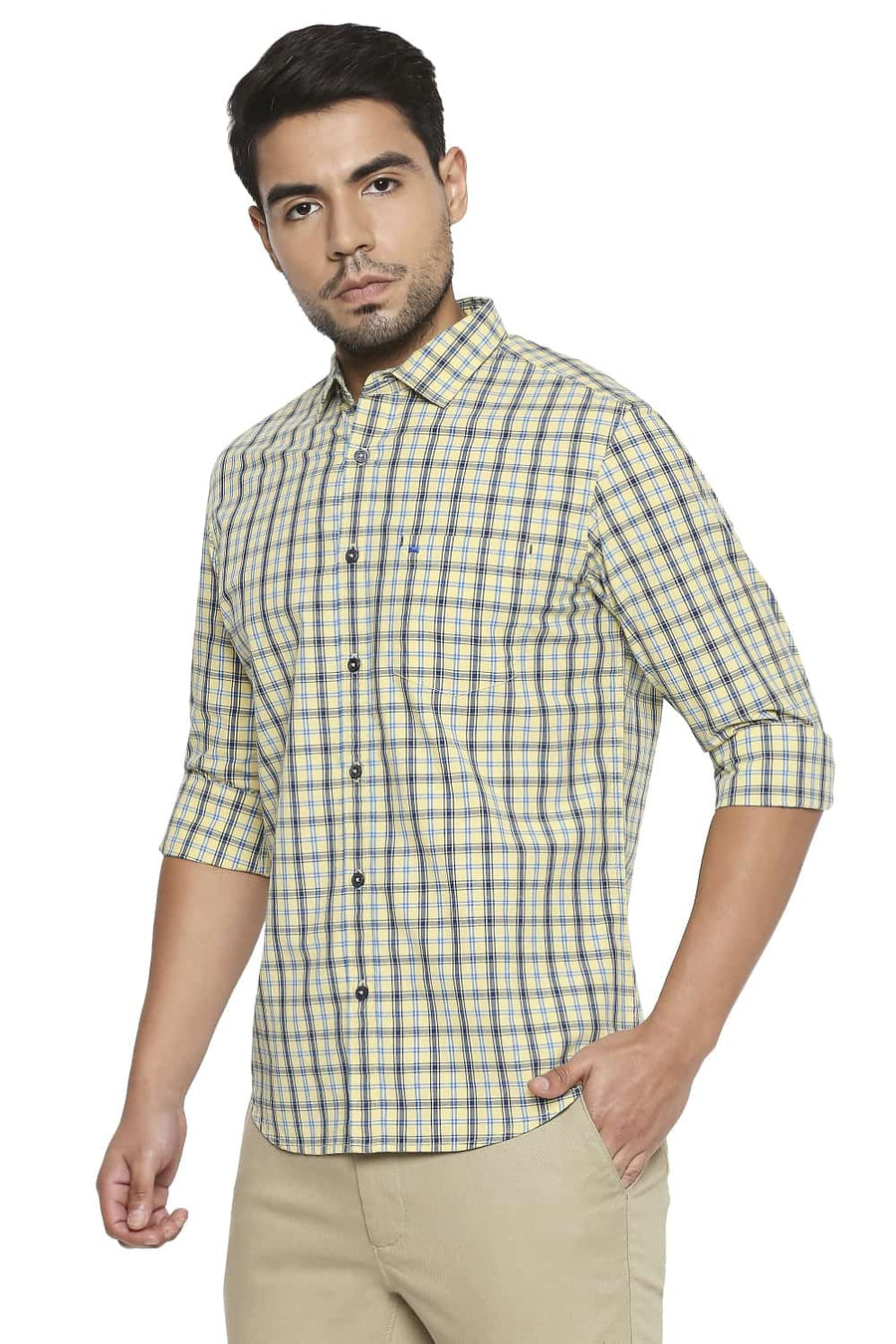 BASICS SLIM FIT MELLOW YELLOW CHECKS SHIRT
