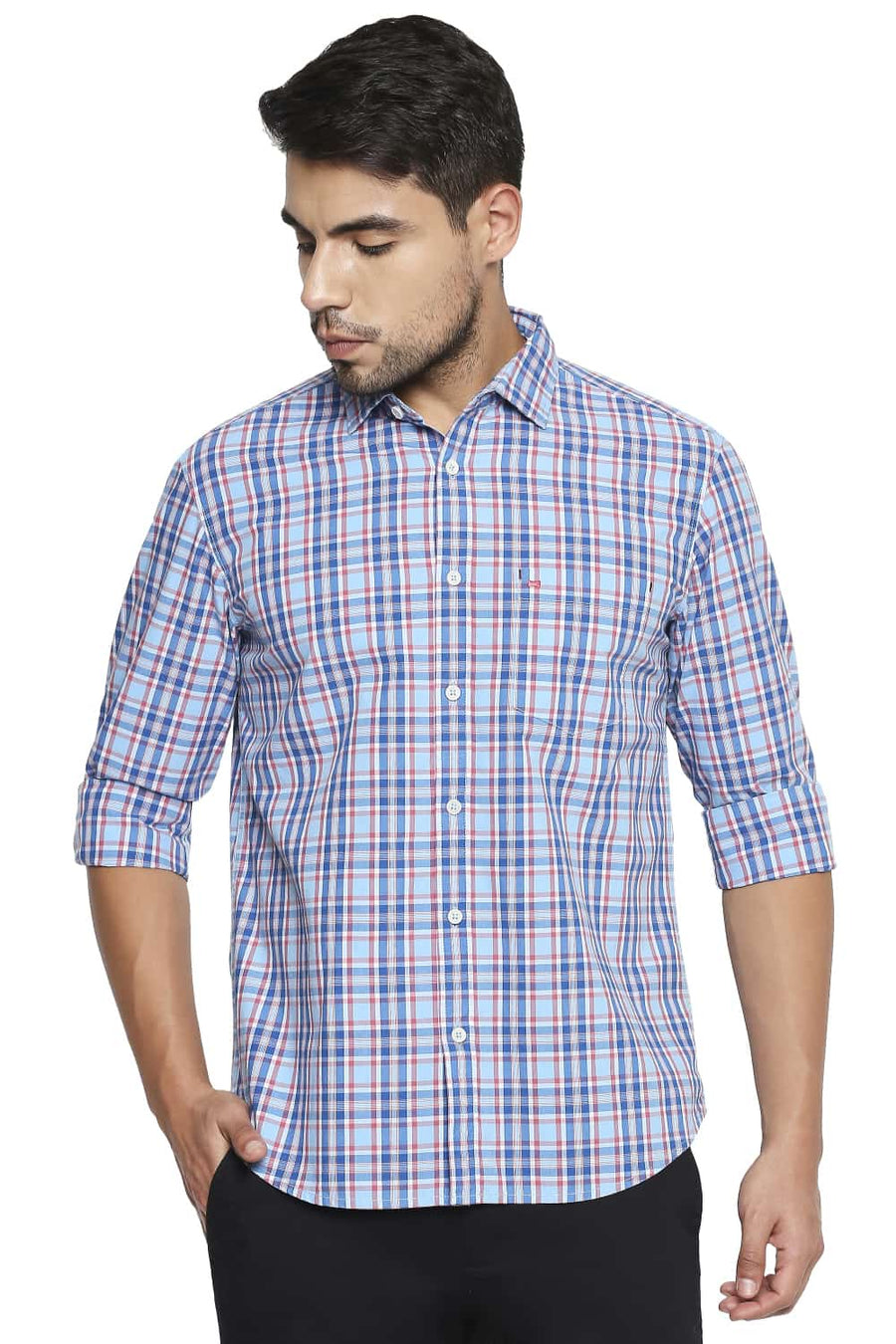 BASICS SLIM FIT LICHEN BLUE CHECKS SHIRT