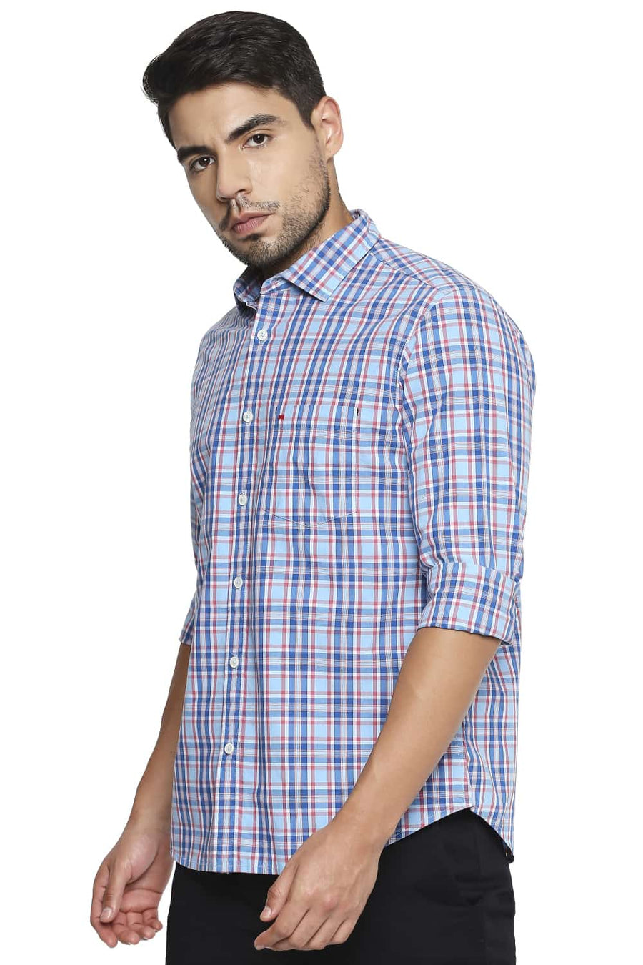 BASICS SLIM FIT LICHEN BLUE CHECKS SHIRT