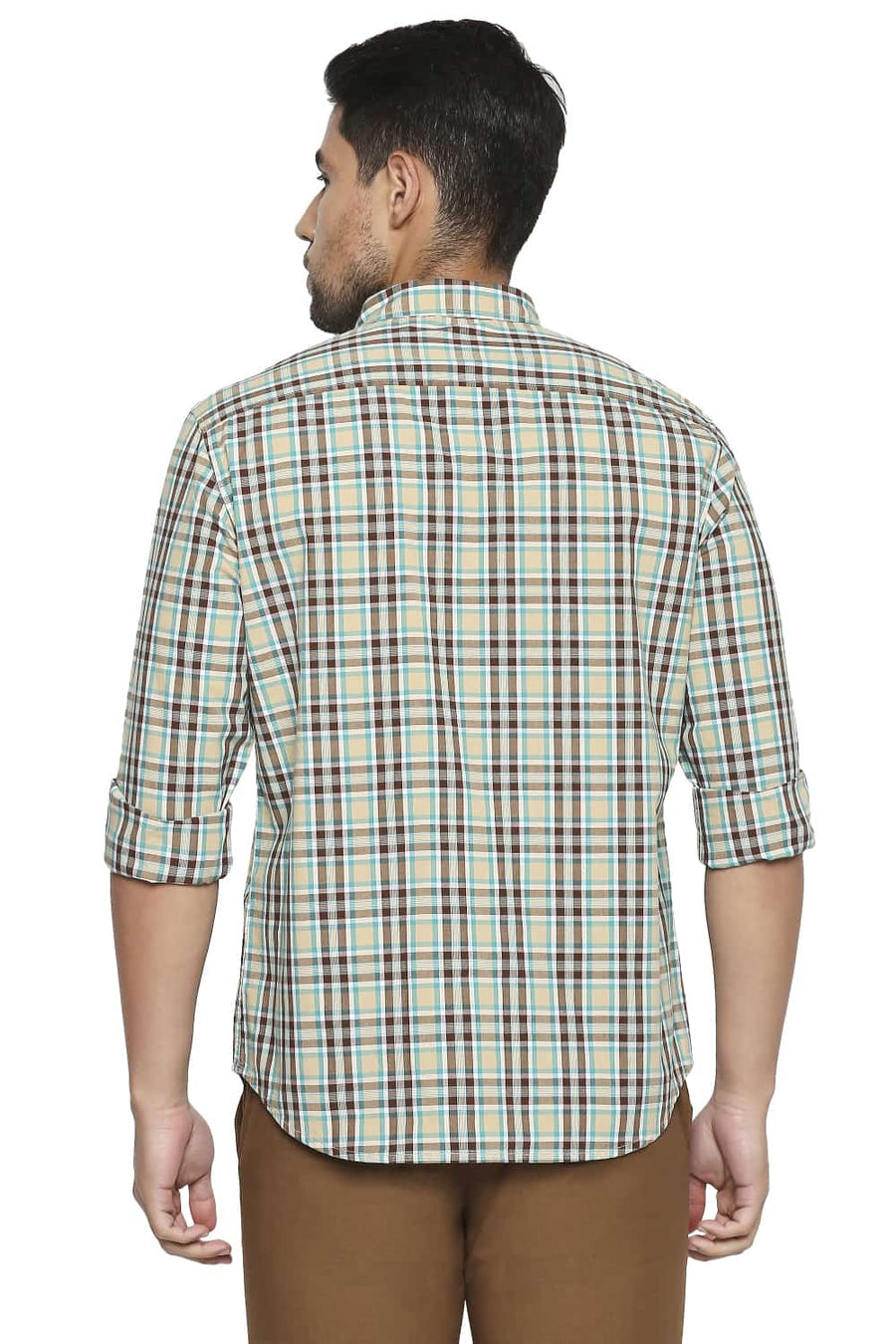 BASICS SLIM FIT STARFISH KHAKI CHECKS SHIRT