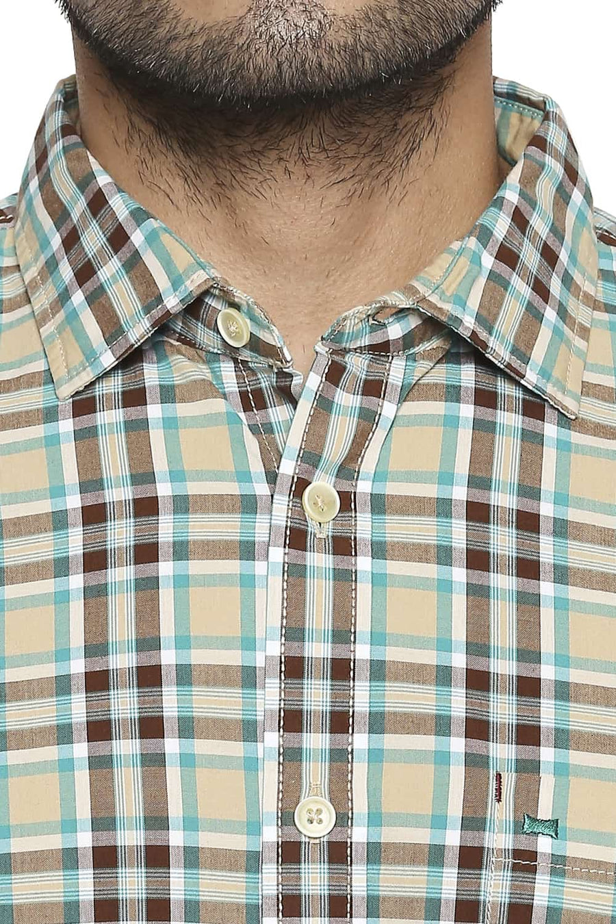 BASICS SLIM FIT STARFISH KHAKI CHECKS SHIRT