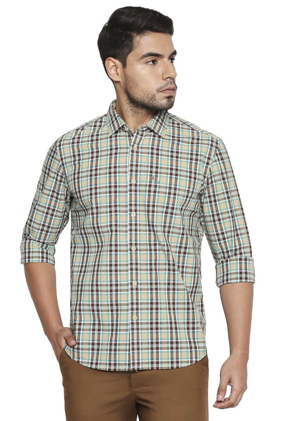 BASICS SLIM FIT STARFISH KHAKI CHECKS SHIRT