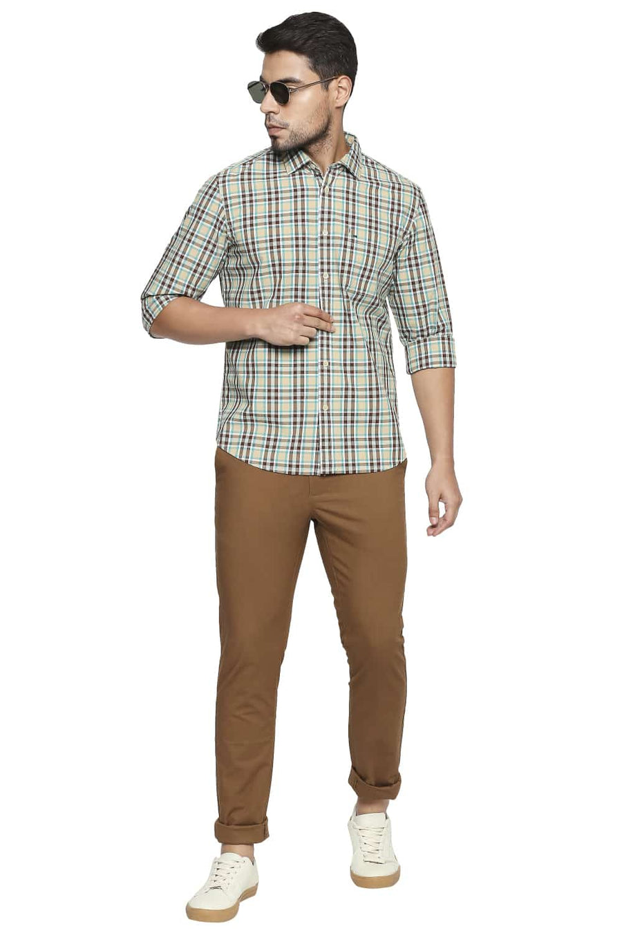 BASICS SLIM FIT STARFISH KHAKI CHECKS SHIRT