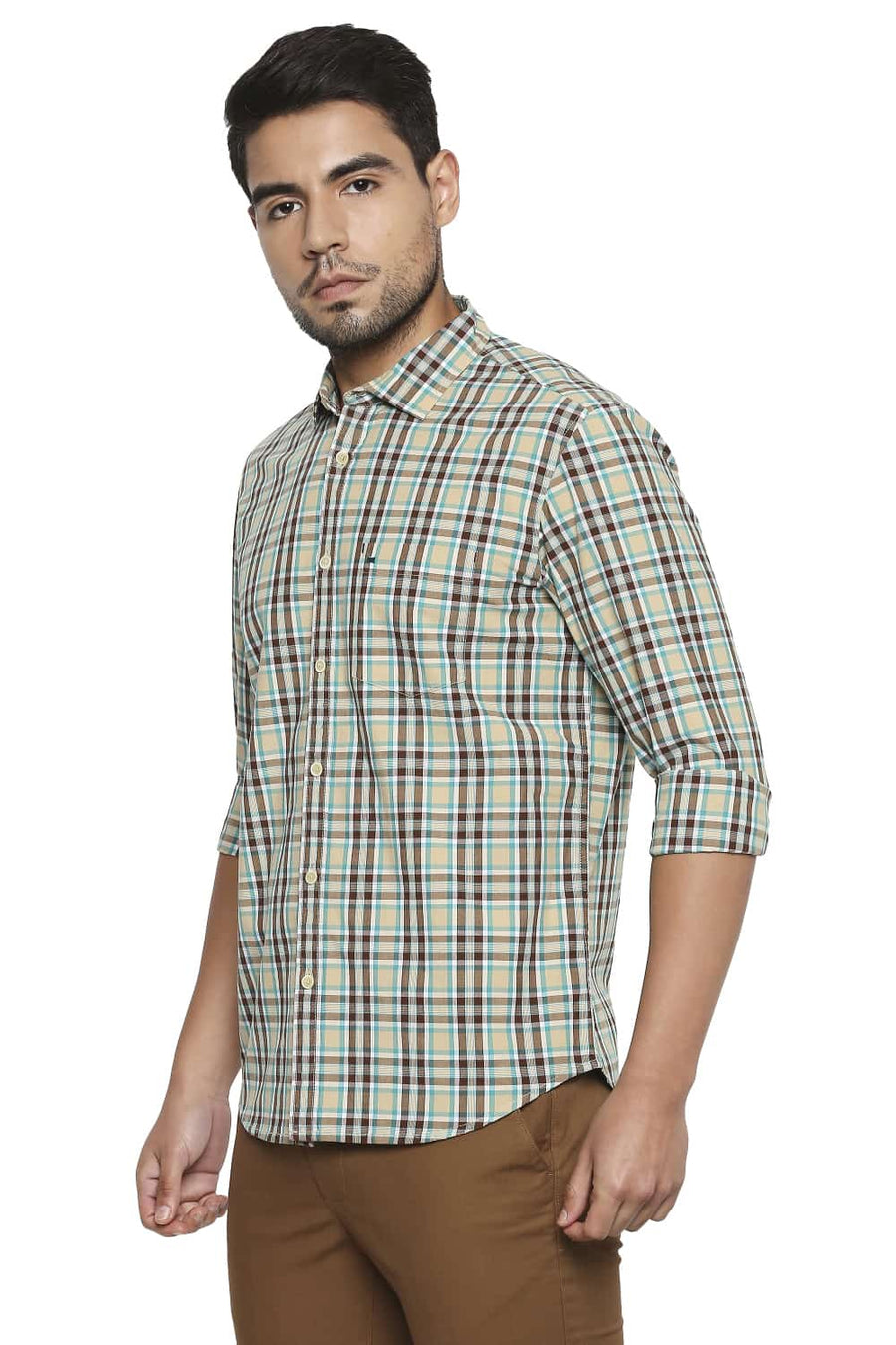 BASICS SLIM FIT STARFISH KHAKI CHECKS SHIRT