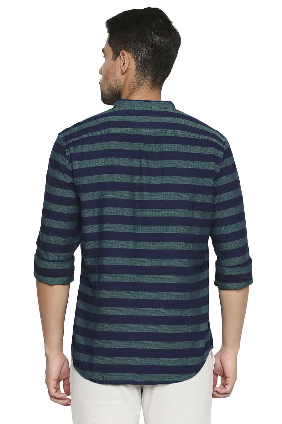 BASICS SLIM FIT SEA GREEN WEFT STRIPE SHIRT