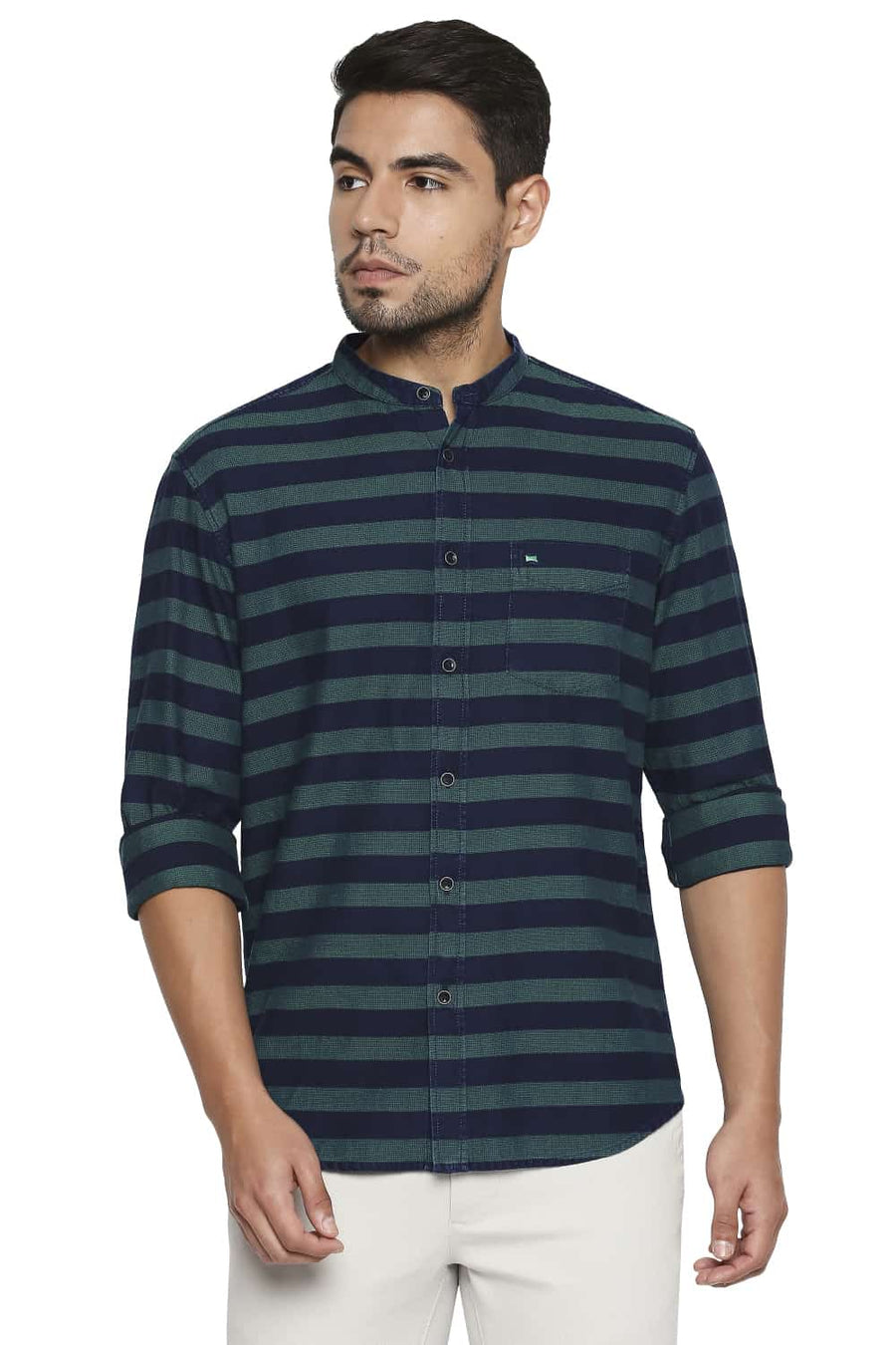 BASICS SLIM FIT SEA GREEN WEFT STRIPE SHIRT