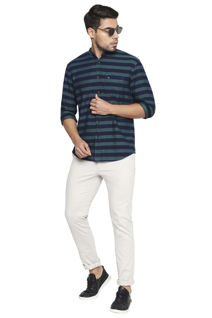 BASICS SLIM FIT SEA GREEN WEFT STRIPE SHIRT
