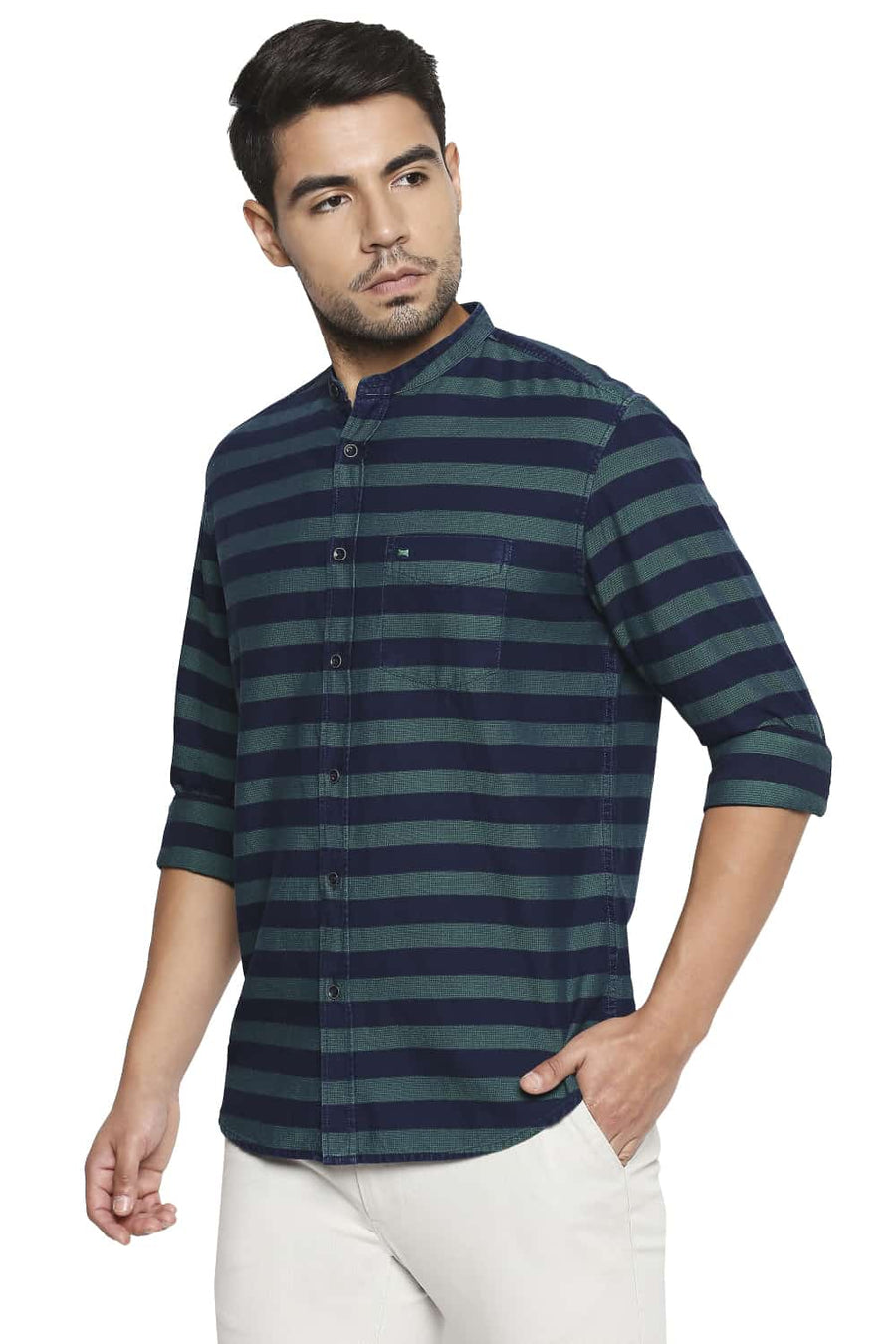 BASICS SLIM FIT SEA GREEN WEFT STRIPE SHIRT
