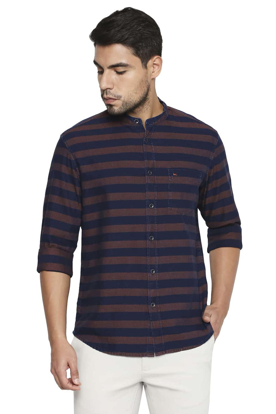 BASICS SLIM FIT RED CLAY WEFT STRIPE SHIRT