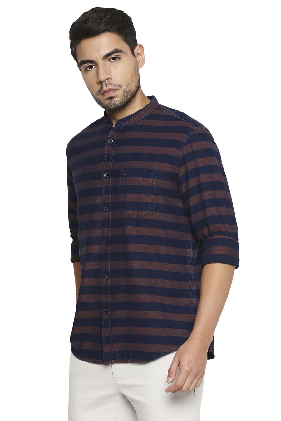 BASICS SLIM FIT RED CLAY WEFT STRIPE SHIRT