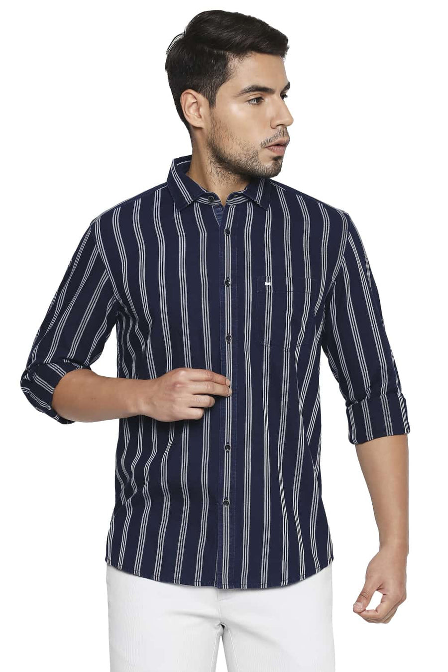 BASICS SLIM FIT DEEP WELL BLUE STRIPE SHIRT