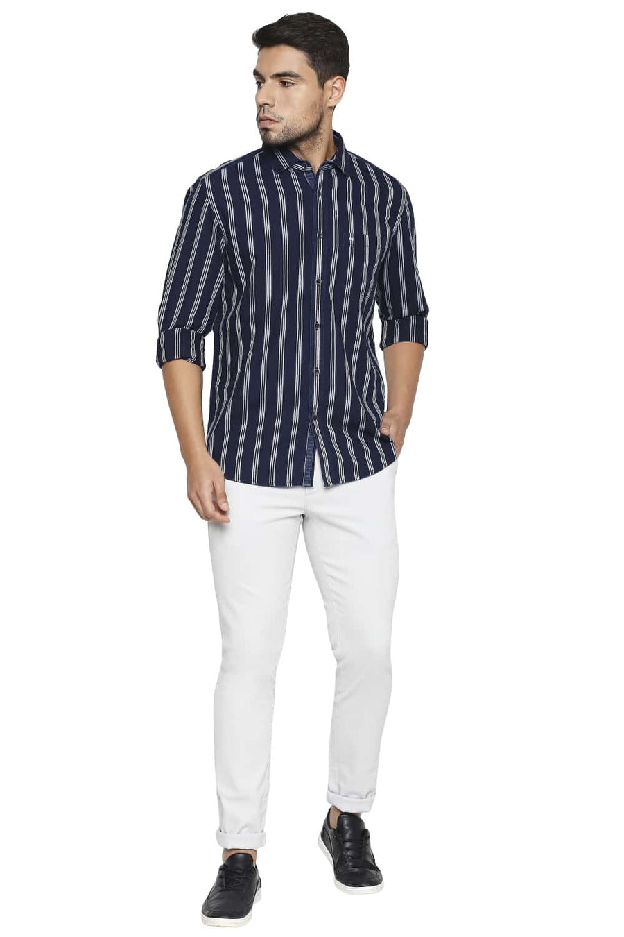 BASICS SLIM FIT DEEP WELL BLUE STRIPE SHIRT