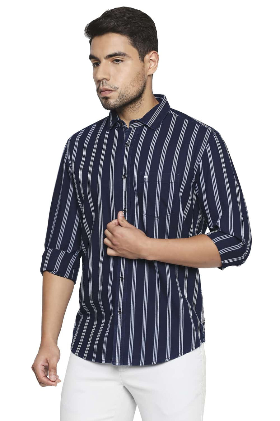 BASICS SLIM FIT DEEP WELL BLUE STRIPE SHIRT
