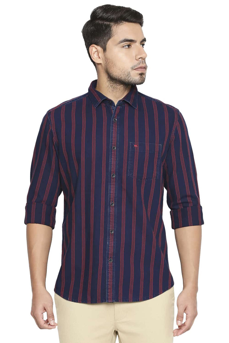 BASICS SLIM FIT POMPEIAN RED STRIPE SHIRT