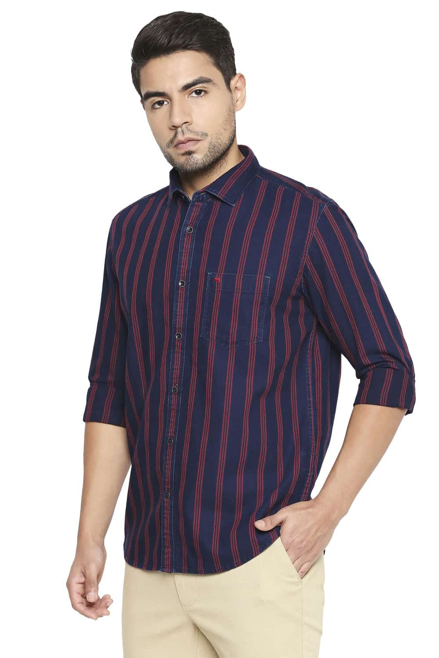 BASICS SLIM FIT POMPEIAN RED STRIPE SHIRT