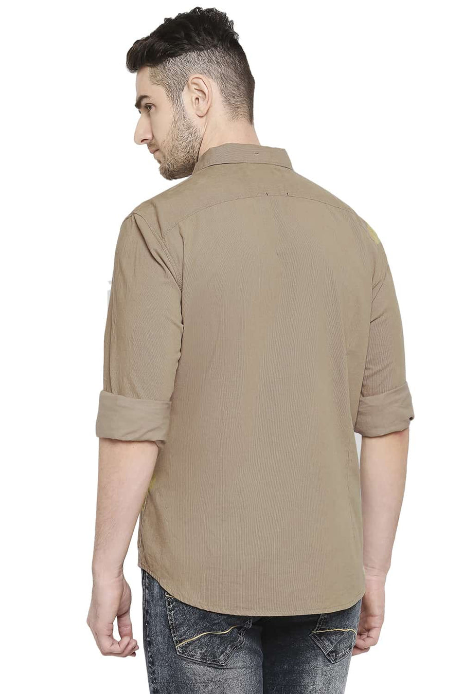 BASICS SLIM FIT SAND KHAKI CORDUROY SHIRT