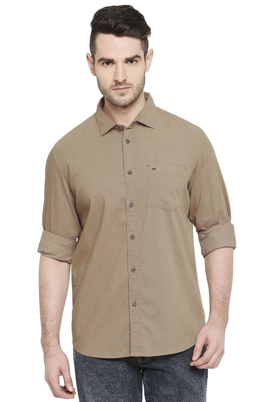 BASICS SLIM FIT SAND KHAKI CORDUROY SHIRT