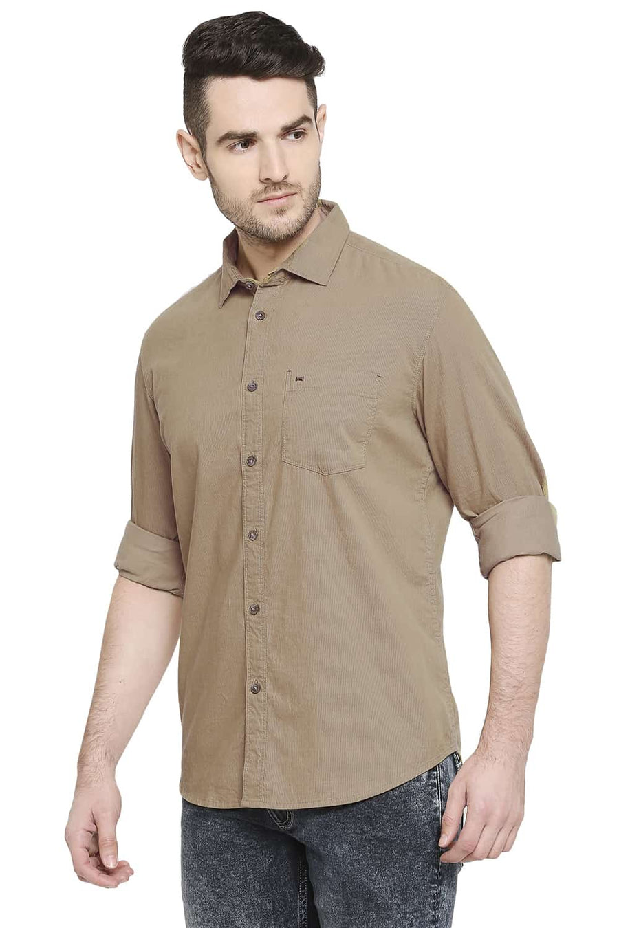 BASICS SLIM FIT SAND KHAKI CORDUROY SHIRT
