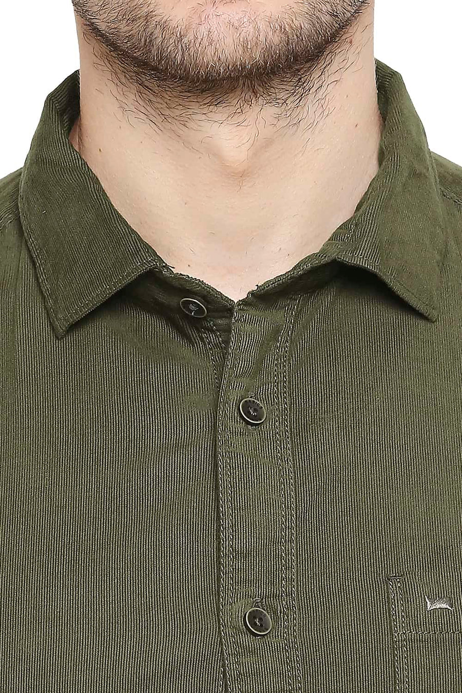BASICS SLIM FIT DARK OLIVE CORDUROY SHIRT