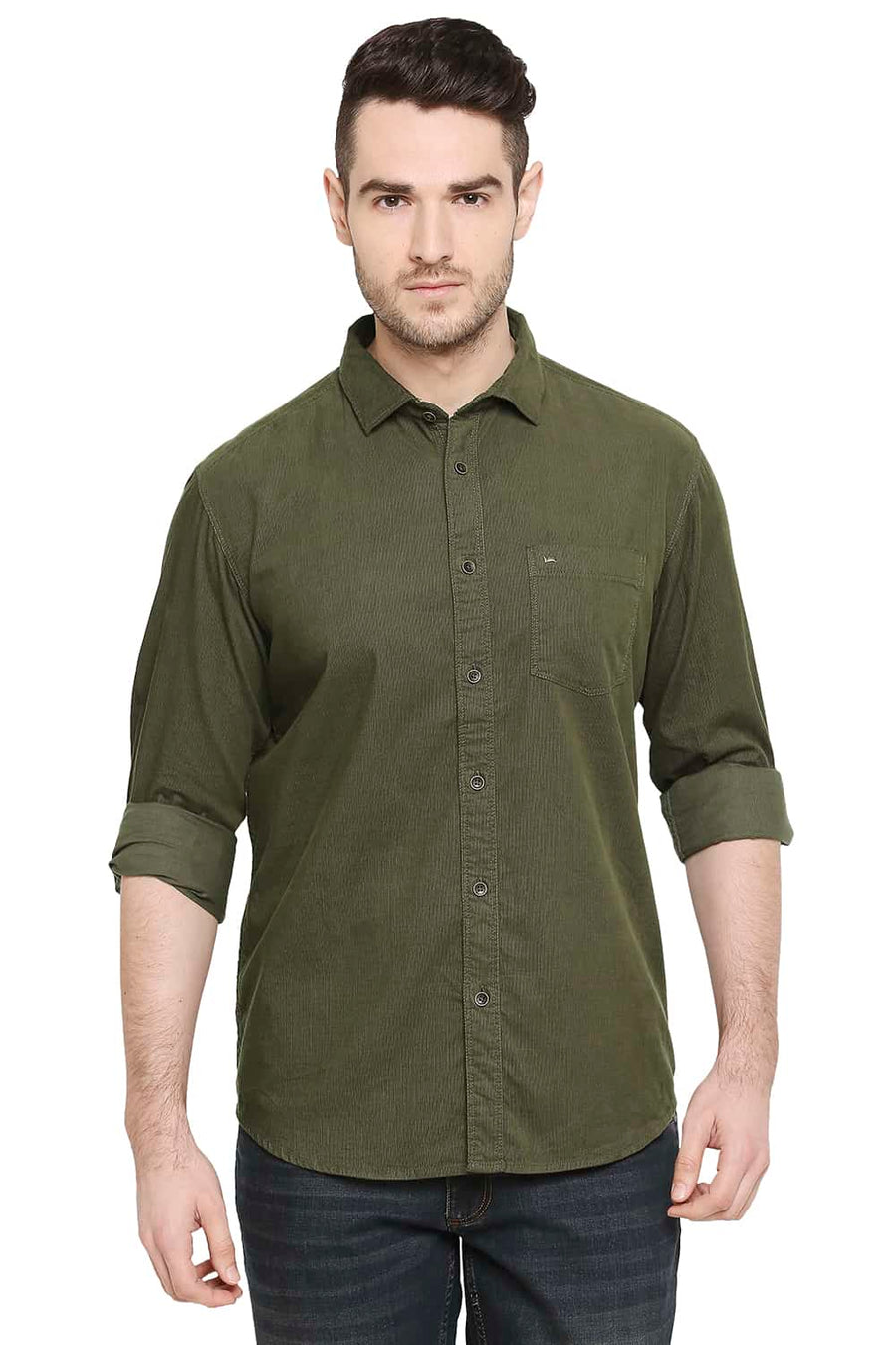 BASICS SLIM FIT DARK OLIVE CORDUROY SHIRT