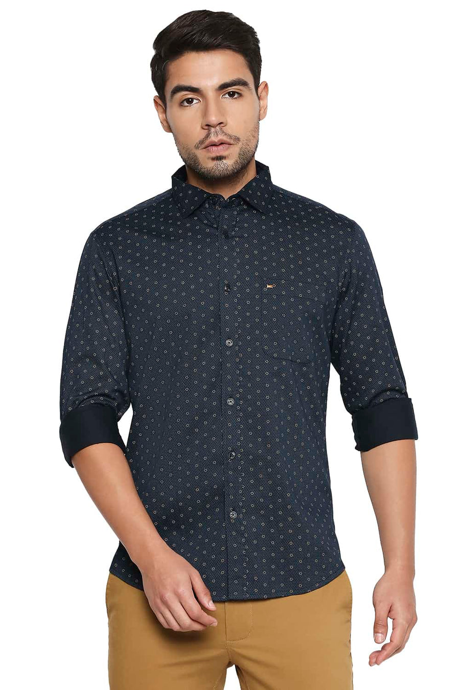 BASICS SLIM FIT NAVY IRIS PRINTED SHIRT