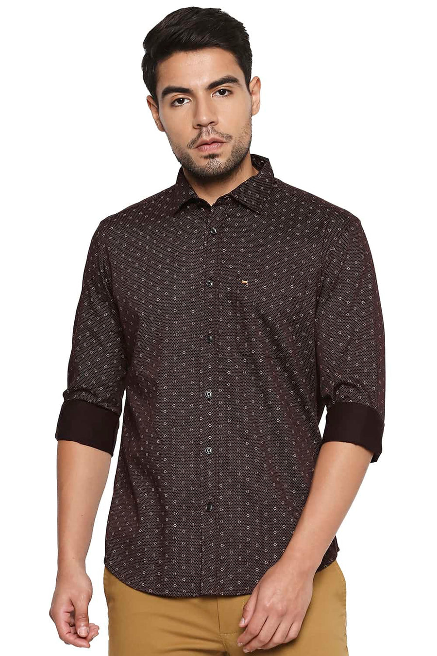 BASICS SLIM FIT CHOCOLATE BROWN PRINTED SHIRT